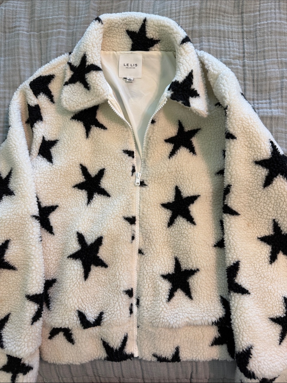 Le Lis White Sherpa Jacket with Black Star Print
